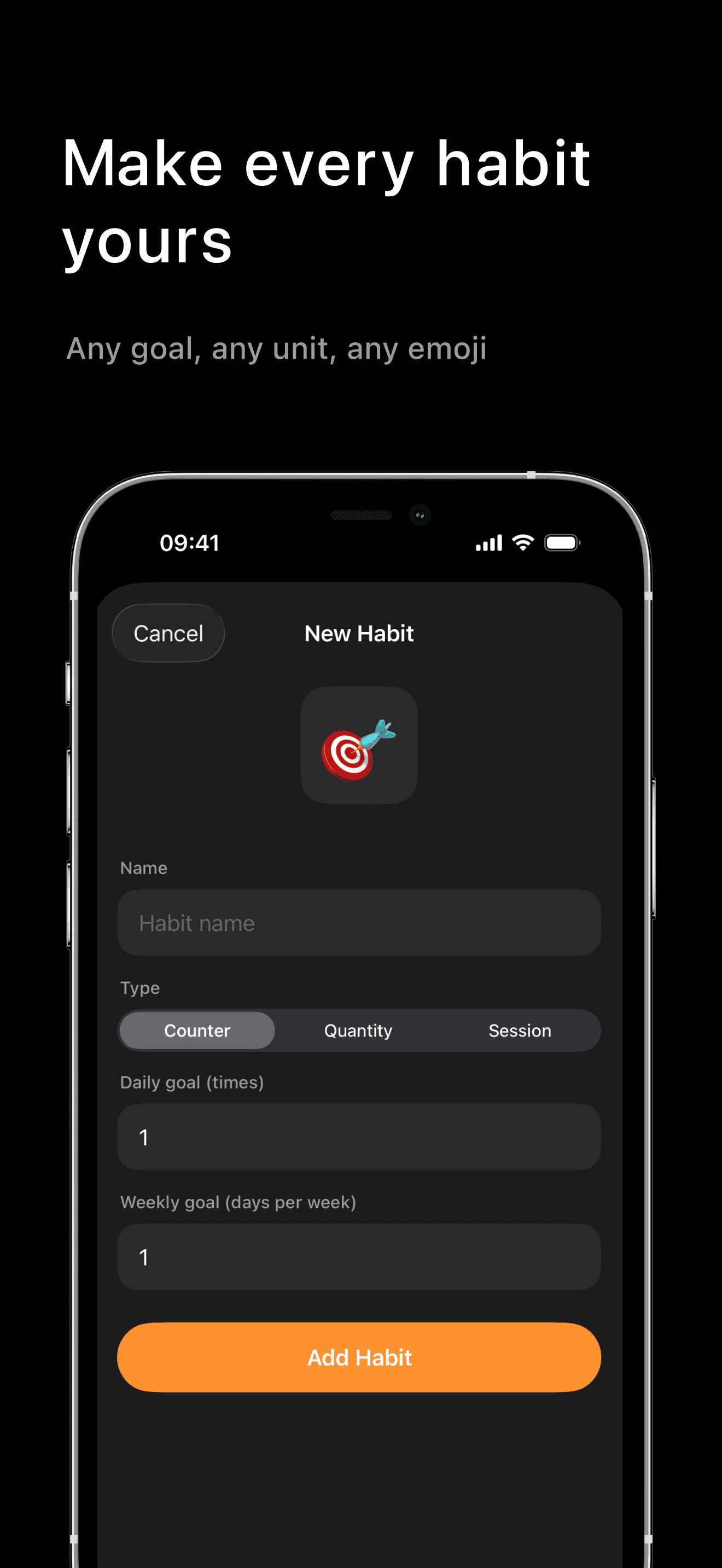 Creating a custom habit with emoji, units, and goals in Deylik